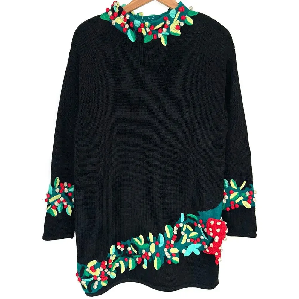 Vintage Marisa Christina Christmas Holly Berries Bow Knit Sweater Size M